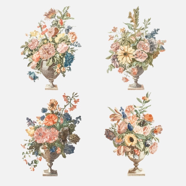 Flower bouquet in vase vector vintage illustration set