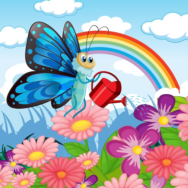 Free Vector flower field with cartoon butterfly watering flower