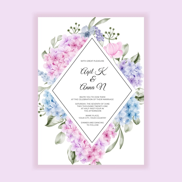 Flower hydrangea pink blue watercolor for wedding invitation