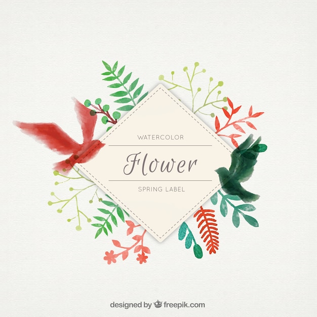 Free Vector flower label with watercolor birds