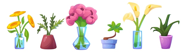 Free vector flower pot and vase with plant cartoon vector