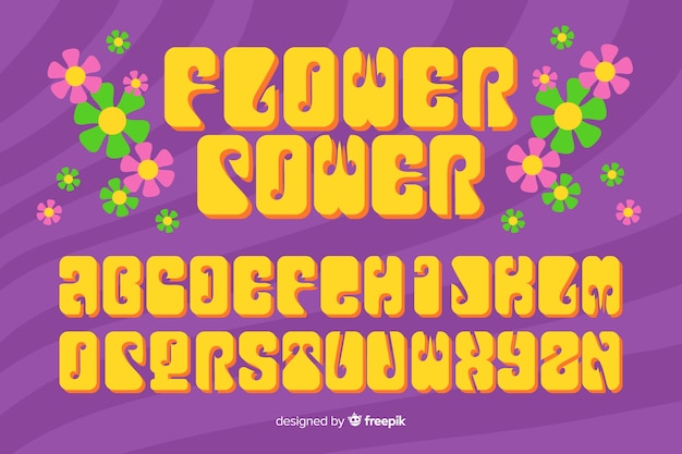 Flower power alphabet in 60's style