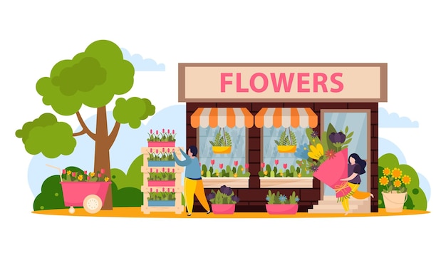 Flower shop composition with floral market symbols flat illustration