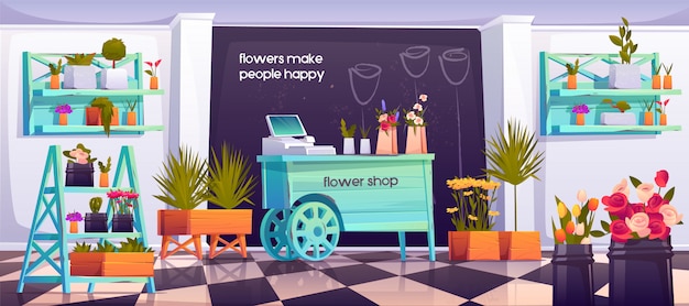 Flower shop interior, empty floristic store design