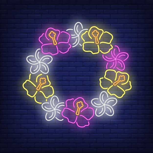 Flower wreath neon sign. Circle of pink and yellow hibiscuses. 