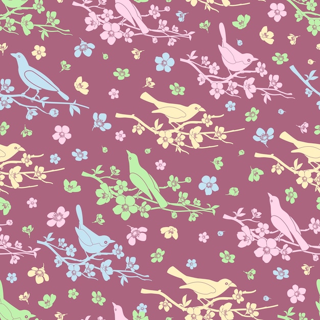 Flowers and birds seamless background. Bloom and branch, decoration pattern, love and romantic, vector illustration