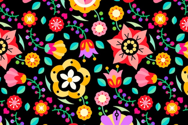 Flowers folk art patterned on black background