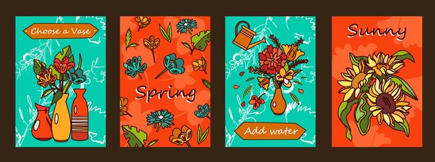 Flowers posters set. Bunches in vases, blossoms  illustrations with text on orange and green background.