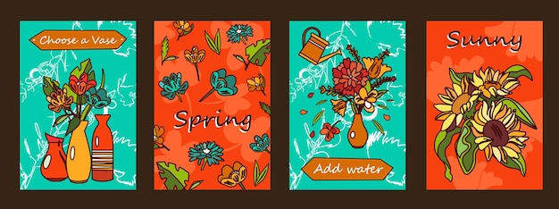 Flowers posters set. Bunches in vases, blossoms  illustrations with text on orange and green background.