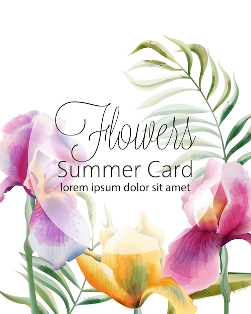 Free Vector flowers summer card with place for text. iris flowers and tropical leaves