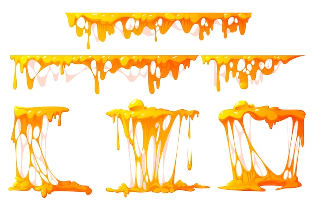 Flowing melted cheese isolated on white background vector cartoon borders of hot cheddar parmesan or...