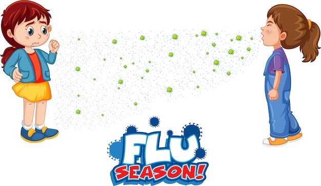 Flu Season font in cartoon style with a girl look at her friend sneezing isolated on white background