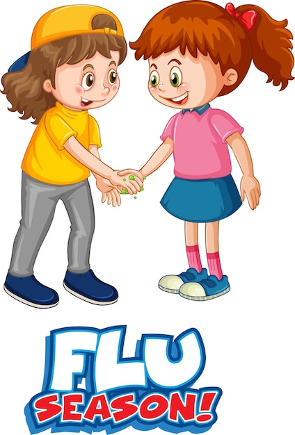 Free Vector flu season font in cartoon style with two kids do not keep social distance isolated on white background