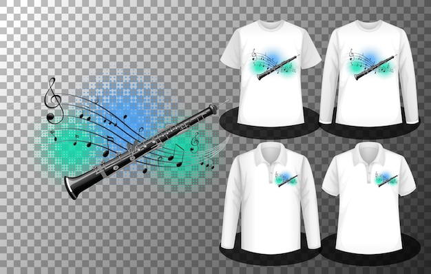 Free vector flute with music notes logo with set of different shirts with flute with music notes logo screen on shirts