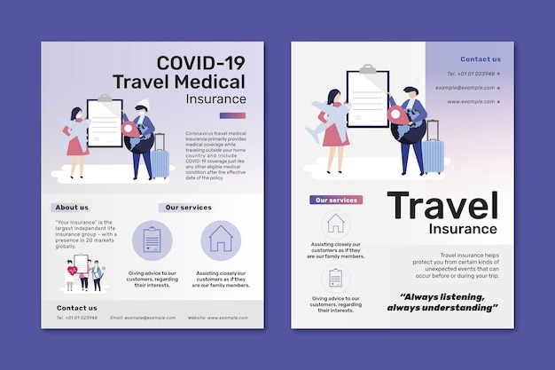 Free Vector flyer templates for covid-19 travel medical and travel insurance