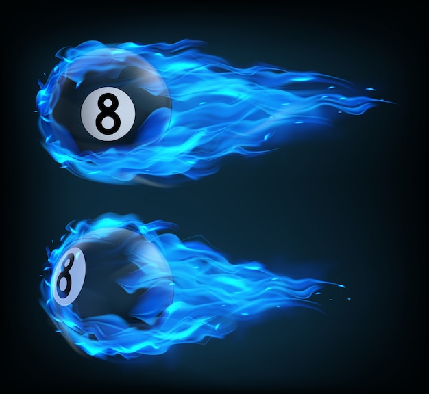 Free Vector flying black billiard eight ball in blue fire