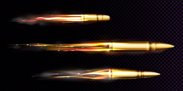 Free vector flying bullets with fire and smoke traces. realistic set of fired bullets different calibers fired from weapon, gun or pistol with smoke trail isolated on transparent background