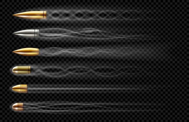 Flying bullets with smoke traces from gun shot. realistic set of bullets different calibers fired from weapon, revolver or pistol with smoke trail isolated on transparent background