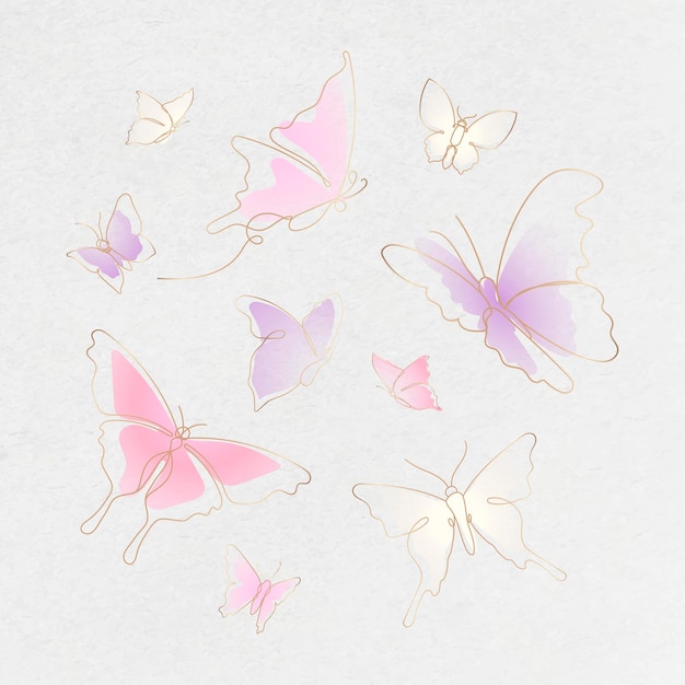 Free Vector flying butterfly sticker, pink gradient line art vector animal illustration set