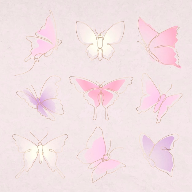 Free Vector flying butterfly sticker, pink gradient line art vector animal illustration set