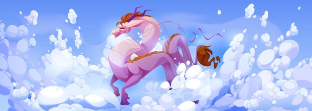 Flying dragon in sky air scene with cloud vector cartoon background Abstract white sunny illustration with pink cute fairy tale dinosaur character and atmosphere fluffy cloudscape environment