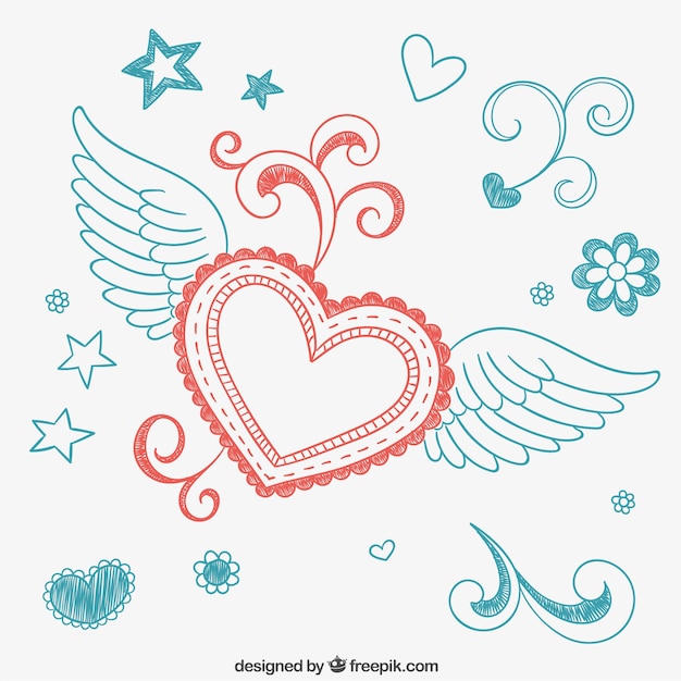 Free Vector flying heart doodle and ornaments