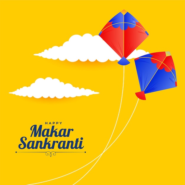 Flying kites on yellow background makar sankranti card