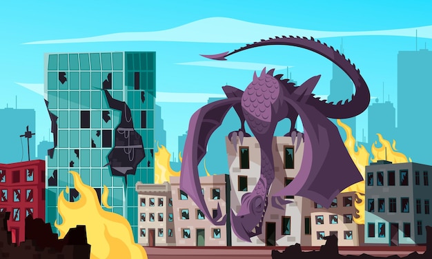 Flying monster sitting on roof attacking burning city cartoon illustration