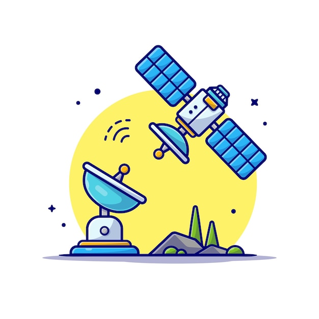 Flying Satellite with Antenna Space Cartoon Icon Illustration.