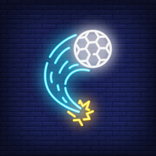 Flying soccer ball on brick background. Neon style illustration. Football, kick, goal.