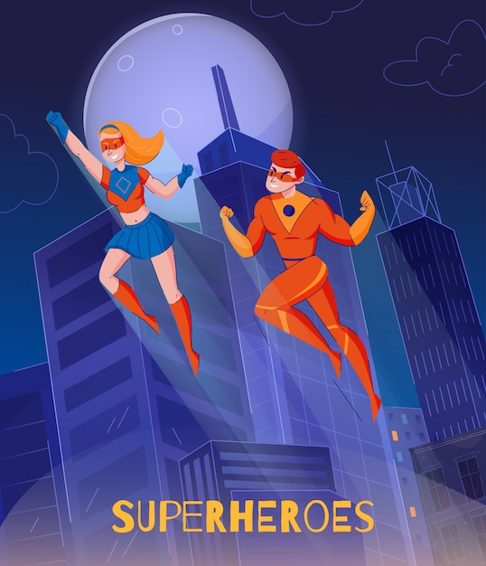 Free Vector flying superheroes soaring above night city towers comics wonder woman super man characters background poster