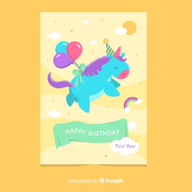 Flying unicorn first birthday card template