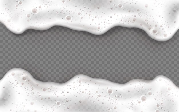 Foam frame, white beer or soap froth horizontal border with bubbles texture, foamy sea or ocean wave, laundry cleaning detergent spume isolated on transparent space, realistic 3d vector mockup