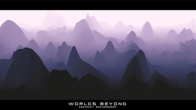 Fog over mountains Vector landscape panorama Abstract violet gradient eroded terrain Worlds beyond