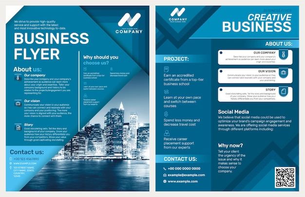 Free Vector foldable business flyer template in blue modern design