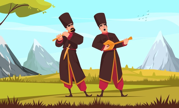 Free Vector folklore music concept two men in national costumes and hats play music vector illustration