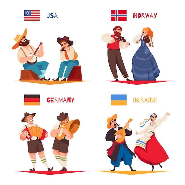 Free Vector folklore music isolated icon set with usa norway germany and ukraine couples vector illustration