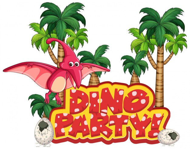 Font design for word dino party with pteranodon flying