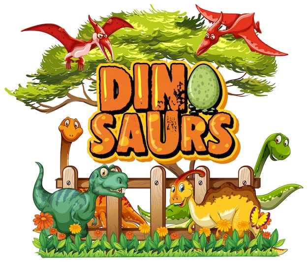 Font design for word dinosaurs with many dinosaurs in the park