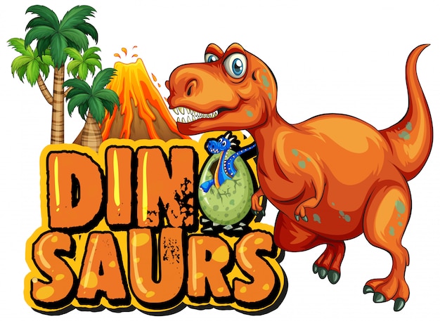 Font design for word dinosaurs with t-rex and volcano