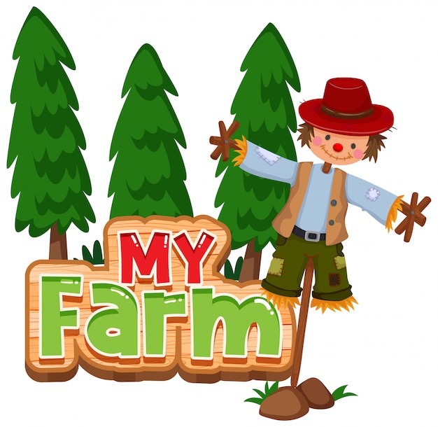 Free Vector font design for word my farm with trees and scarecrow