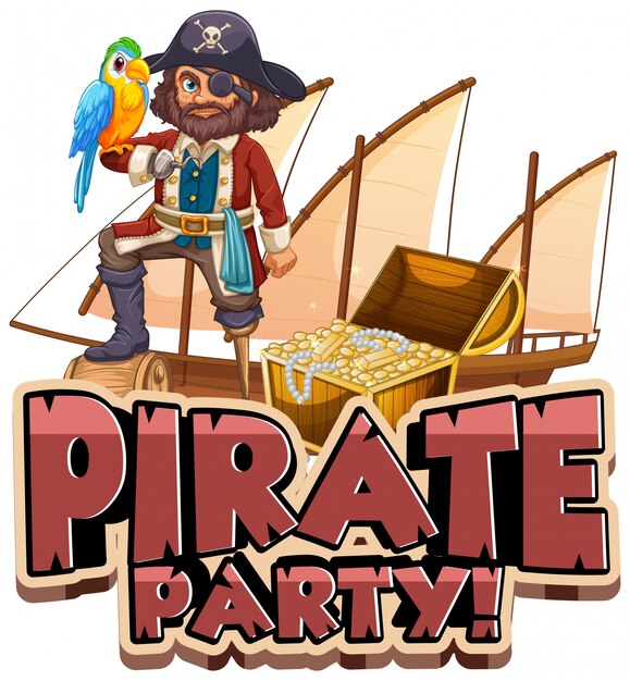 Font design for word pirate party with pirate and parrot pet