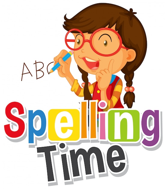 Font design for word spelling time with girl writing abc