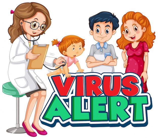 Font design for word virus alert with doctor and sick girl