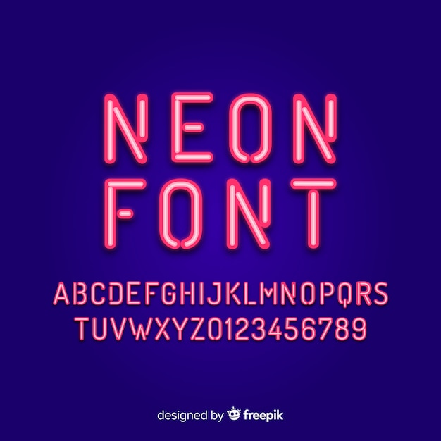 Font with alphabet in neon style