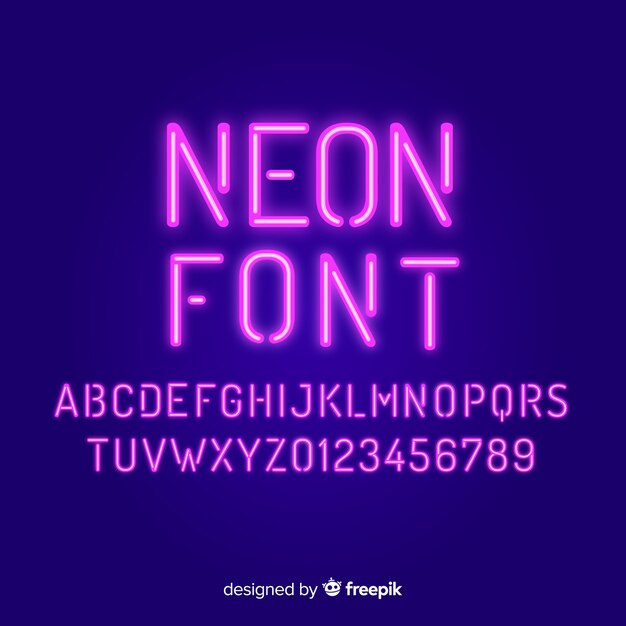 Font with alphabet in neon style