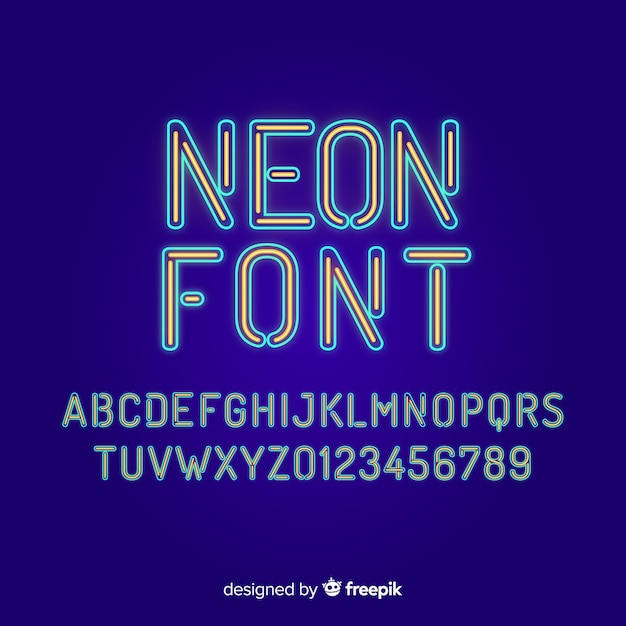 Font with alphabet in neon style