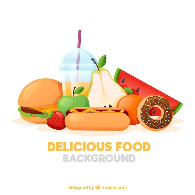 Food background with fruits and fast food