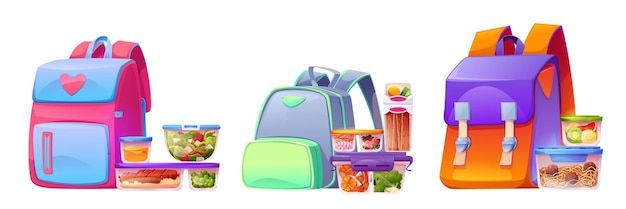 Free Vector food container lunch box near backpack for school isolated vector illustration set plastic fruit and vegetable leftover storage pack clipart with salad prepared meal dessert and homemade snack