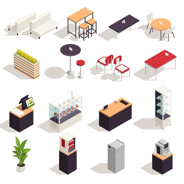 Food Court Elements Isometric Icon Set